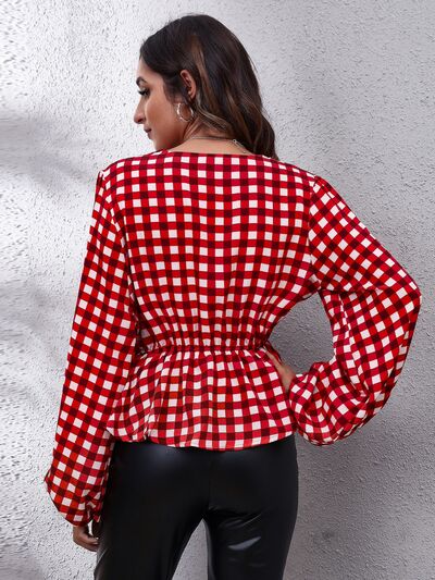Plaid V-Neck Balloon Sleeve Peplum Blouse - Ladyez