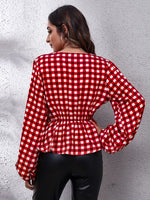 Plaid V-Neck Balloon Sleeve Peplum Blouse - Ladyez
