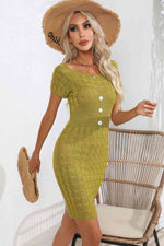 Decorative Button Round Neck Short Sleeve Sweater Dress - Ladyez