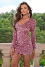 Sequin V-Neck Long Sleeve Mini Dress - Ladyez