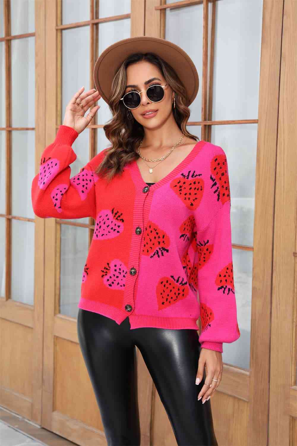 Printed V-Neck Button-Down Long Sleeve Cardigan - Ladyez