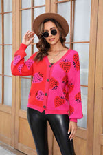 Printed V-Neck Button-Down Long Sleeve Cardigan - Ladyez