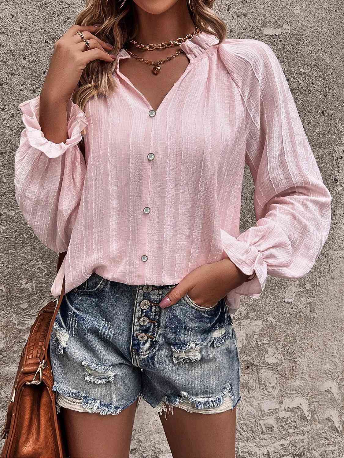 Notched Neck Flounce Sleeve Shirt - Ladyez