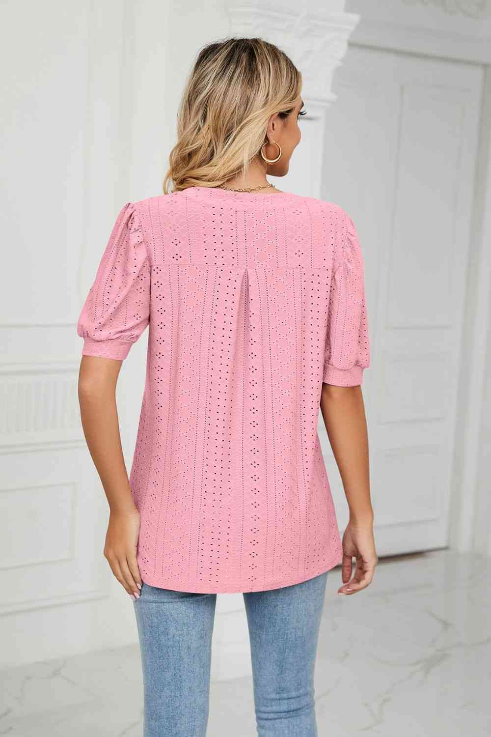 Eyelet Short Puff Sleeve Notched Neck Top - Ladyez