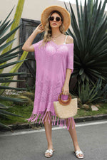V-Neck Short Sleeve Fringe Hem Knit Dress - Ladyez