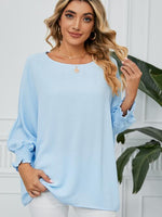 Smocked Lantern Sleeve Round Neck Blouse - Ladyez