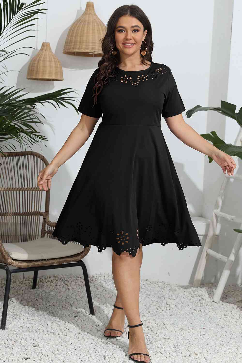 Plus Size Round Neck Openwork Dress - Ladyez
