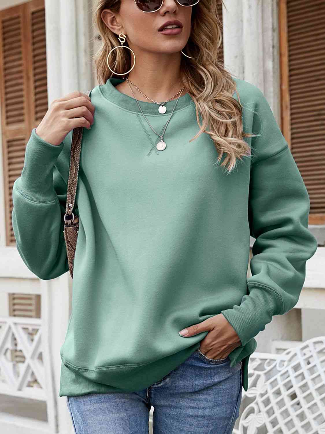 Dropped Shoulder Slit Sweatshirt - Ladyez