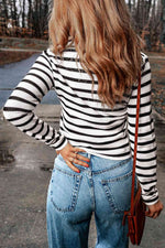 Double Take Striped Johnny Collar Long Sleeve Knit Top - Ladyez