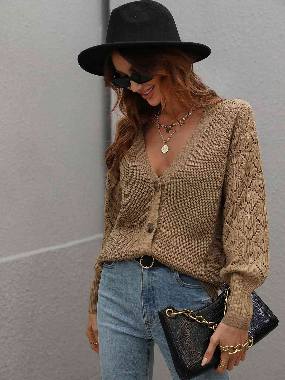 Double Take Rib-Knit Plunge Raglan Sleeve Cardigan - Ladyez