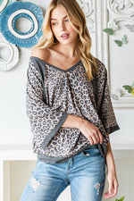 Heimish Full Size Leopard Contrast V-Neck Half Sleeve T-Shirt - Ladyez