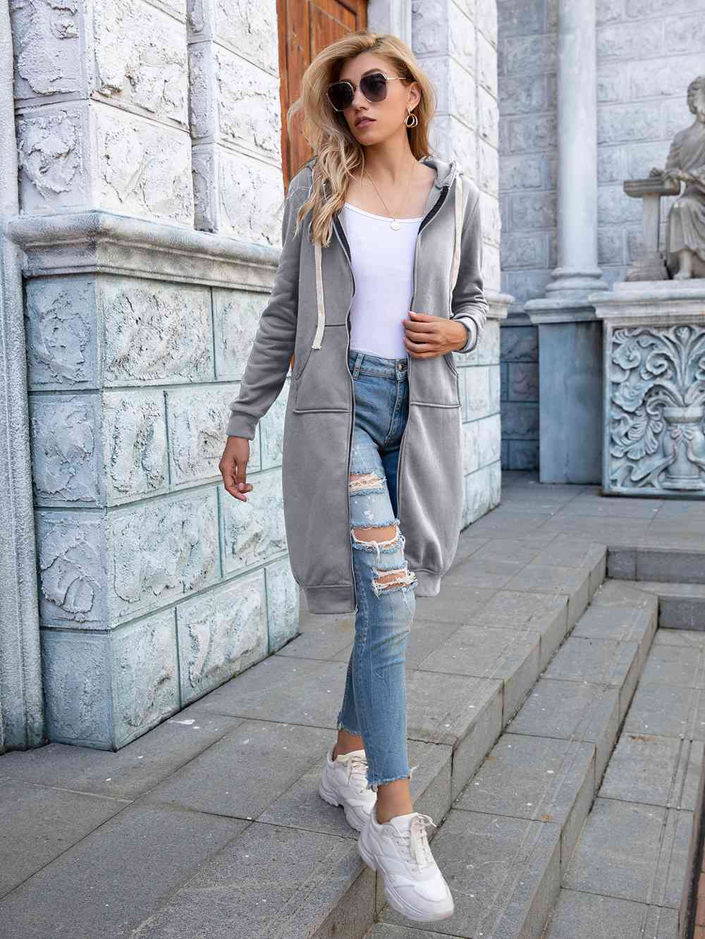 Zip-Up Longline Hoodie with Pockets - Ladyez
