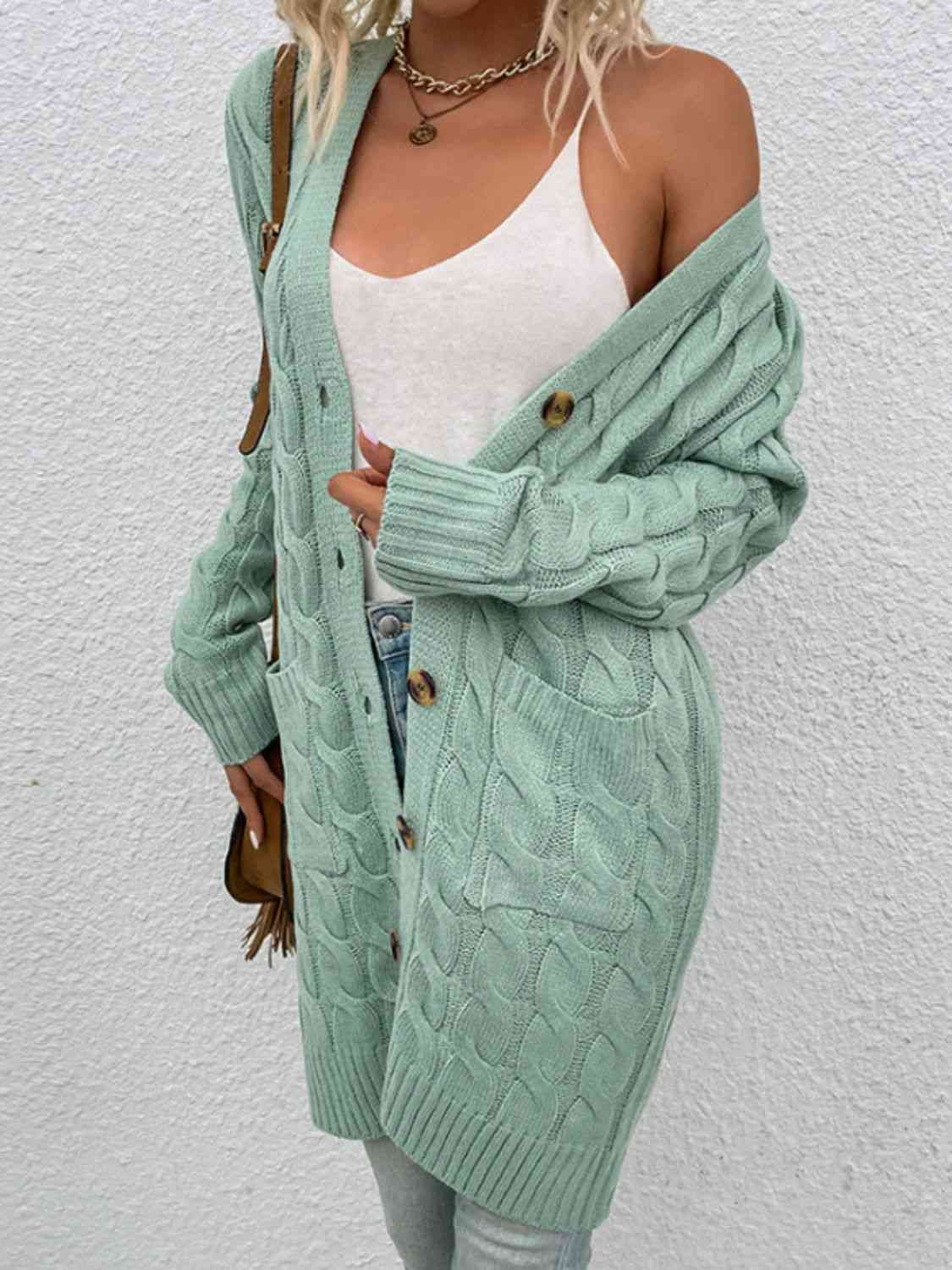 Cable-Knit Button Down Cardigan with Pockets - Ladyez