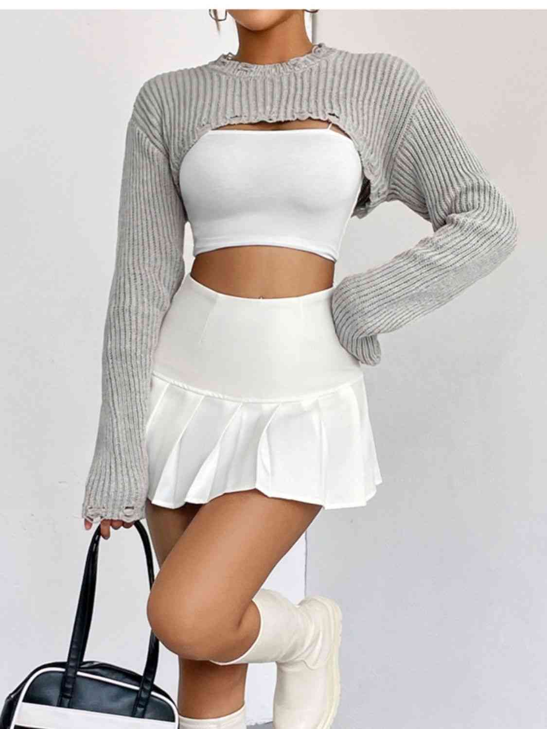 Distressed Long Sleeve Cropped Sweater - Ladyez