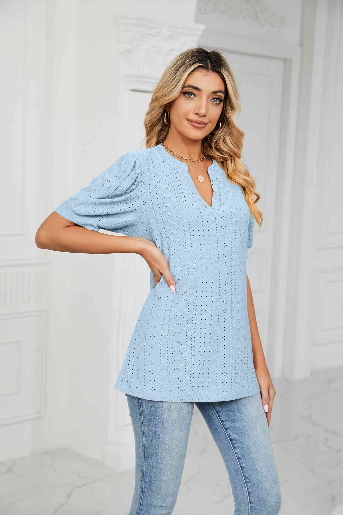 Eyelet Short Puff Sleeve Notched Neck Top - Ladyez