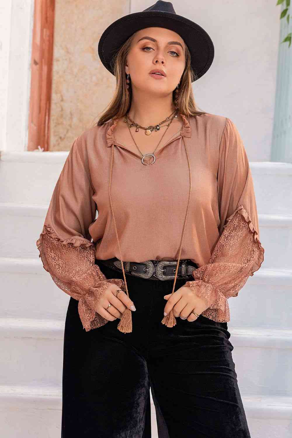 Plus Size Tie Neck Flounce Sleeve Blouse - Ladyez