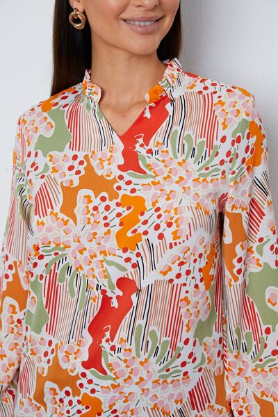 Floral Frill Notched Long Sleeve Blouse - Ladyez