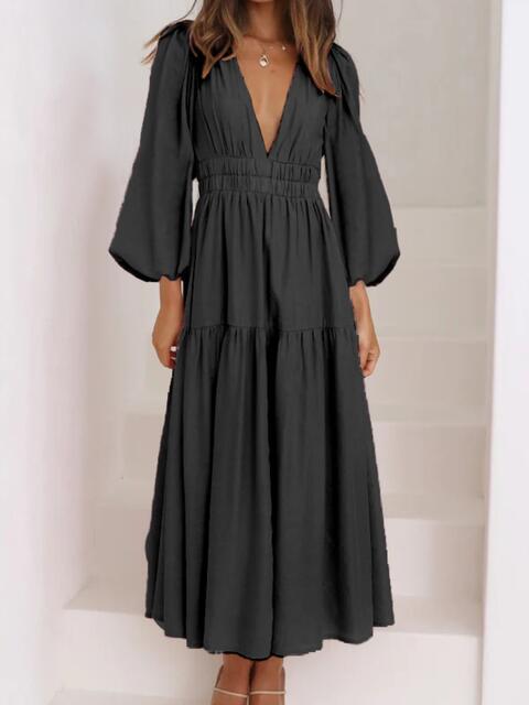 Deep V-Neck Balloon Sleeve Plain Maxi Dress - Ladyez