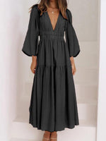 Deep V-Neck Balloon Sleeve Plain Maxi Dress - Ladyez