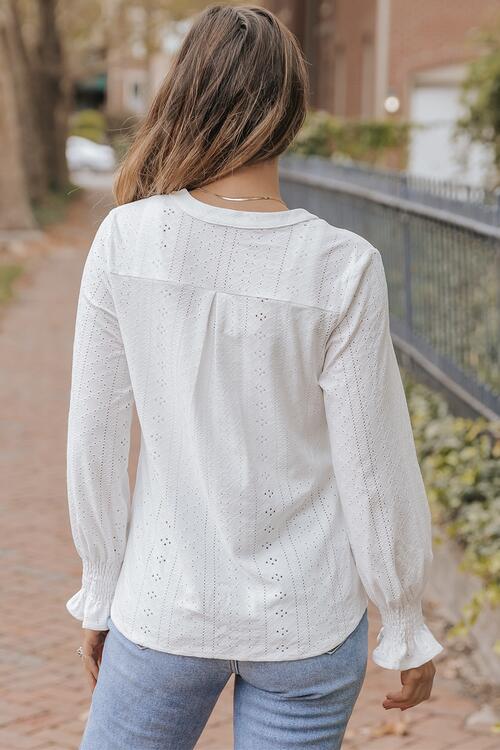 Openwork Notched Flounce Sleeve Blouse - Ladyez