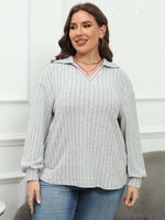 Plus Size Ribbed Collared Neck Long Sleeve Blouse - Ladyez