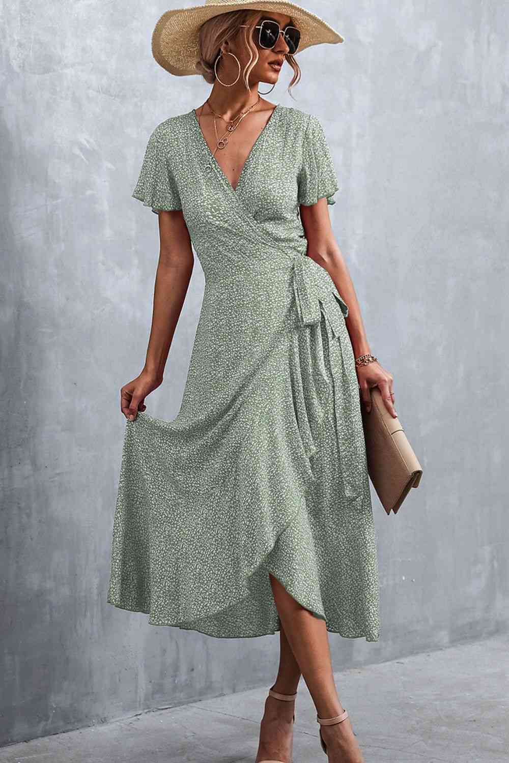 Floral Surplice Neck Tied Midi Dress - Ladyez
