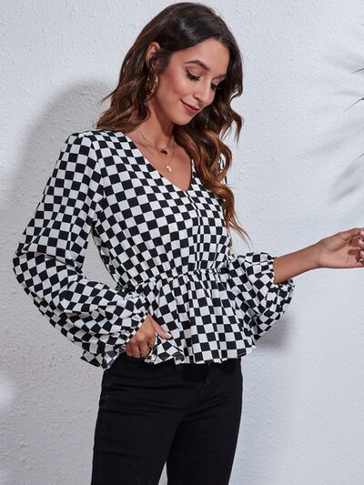 Checkered V-Neck Balloon Sleeve Peplum Blouse - Ladyez