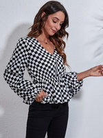 Checkered V-Neck Balloon Sleeve Peplum Blouse - Ladyez