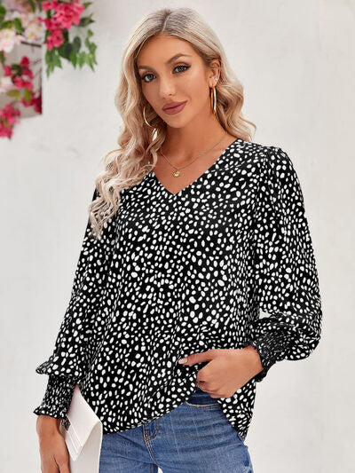 Printed V-Neck Lantern Sleeve Blouse - Ladyez