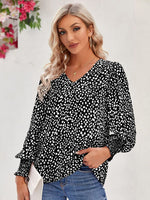 Printed V-Neck Lantern Sleeve Blouse - Ladyez