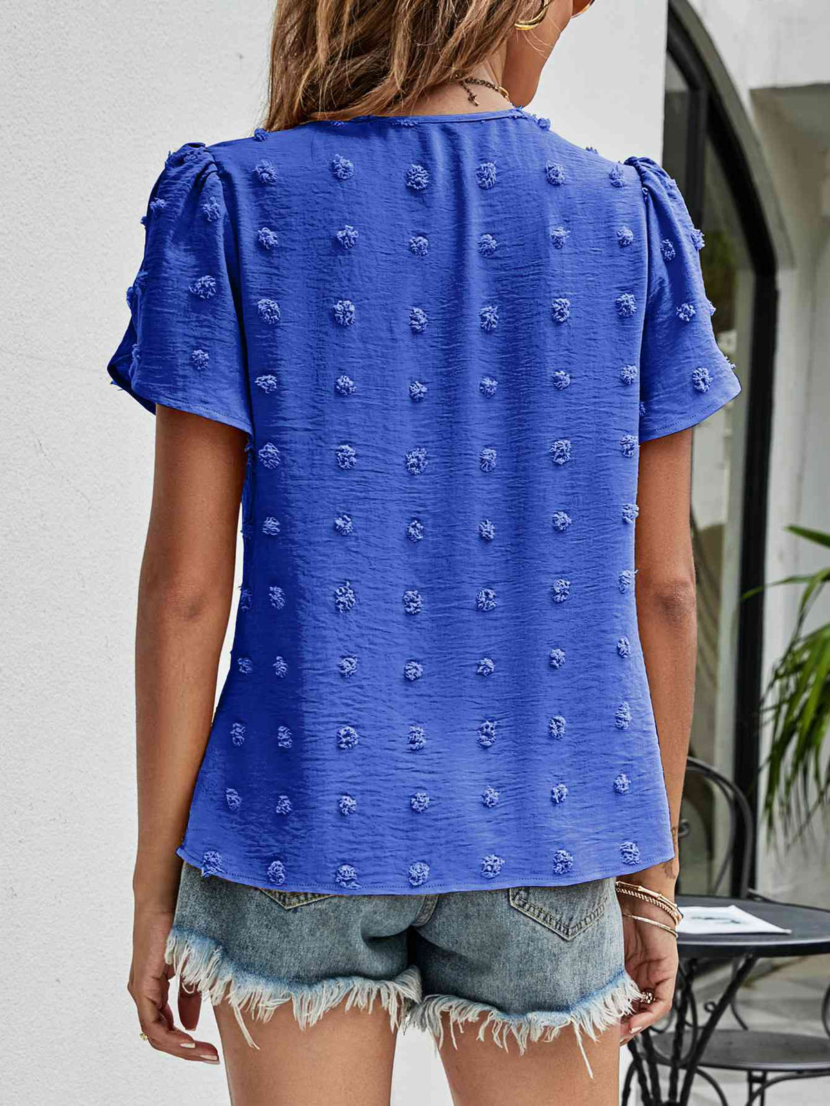 Swiss Dot Round Neck Petal Sleeve Top - Ladyez