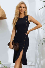Decorative Button Split Ribbed Sleeveless Knit Dress - Ladyez