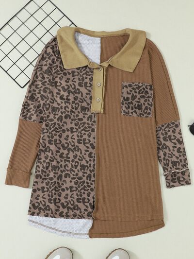 Half Button Leopard Collared Neck Blouse - Ladyez