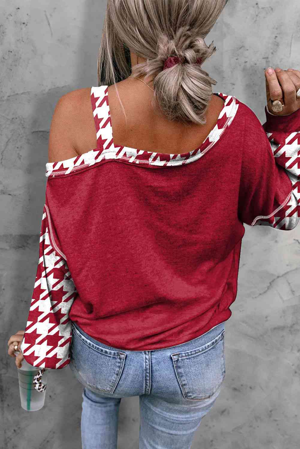Houndstooth Long Sleeve Asymmetrical Neck Top - Ladyez