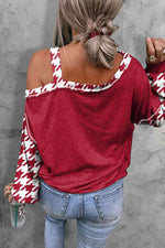 Houndstooth Long Sleeve Asymmetrical Neck Top - Ladyez