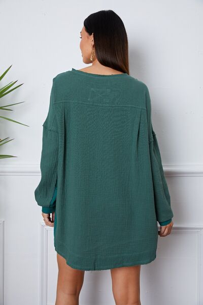 Half Button Up Round Neck Blouse - Ladyez