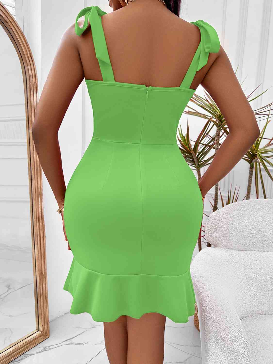 Tie-Shoulder Sweetheart Neck Ruffled Dress - Ladyez