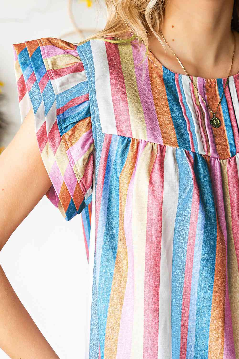 Multicolored Stripe Flutter Sleeve Blouse - Ladyez