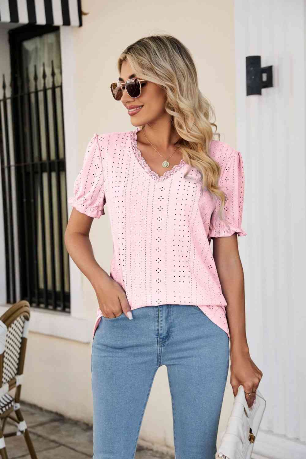 Eyelet Flounce Sleeve Scalloped V-Neck Top - Ladyez