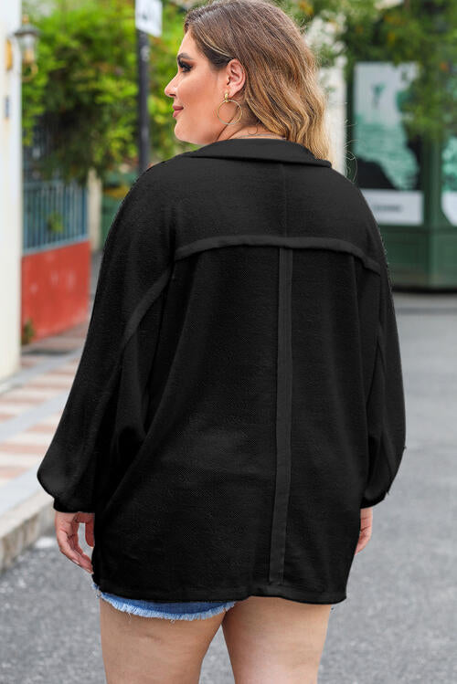 Plus Size Half Button Collared Neck Long Sleeve Blouse - Ladyez