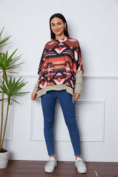 Geometric Striped Splicing Round Neck Blouse - Ladyez