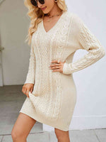 Cable-Knit V-Neck Mini Sweater Dress - Ladyez