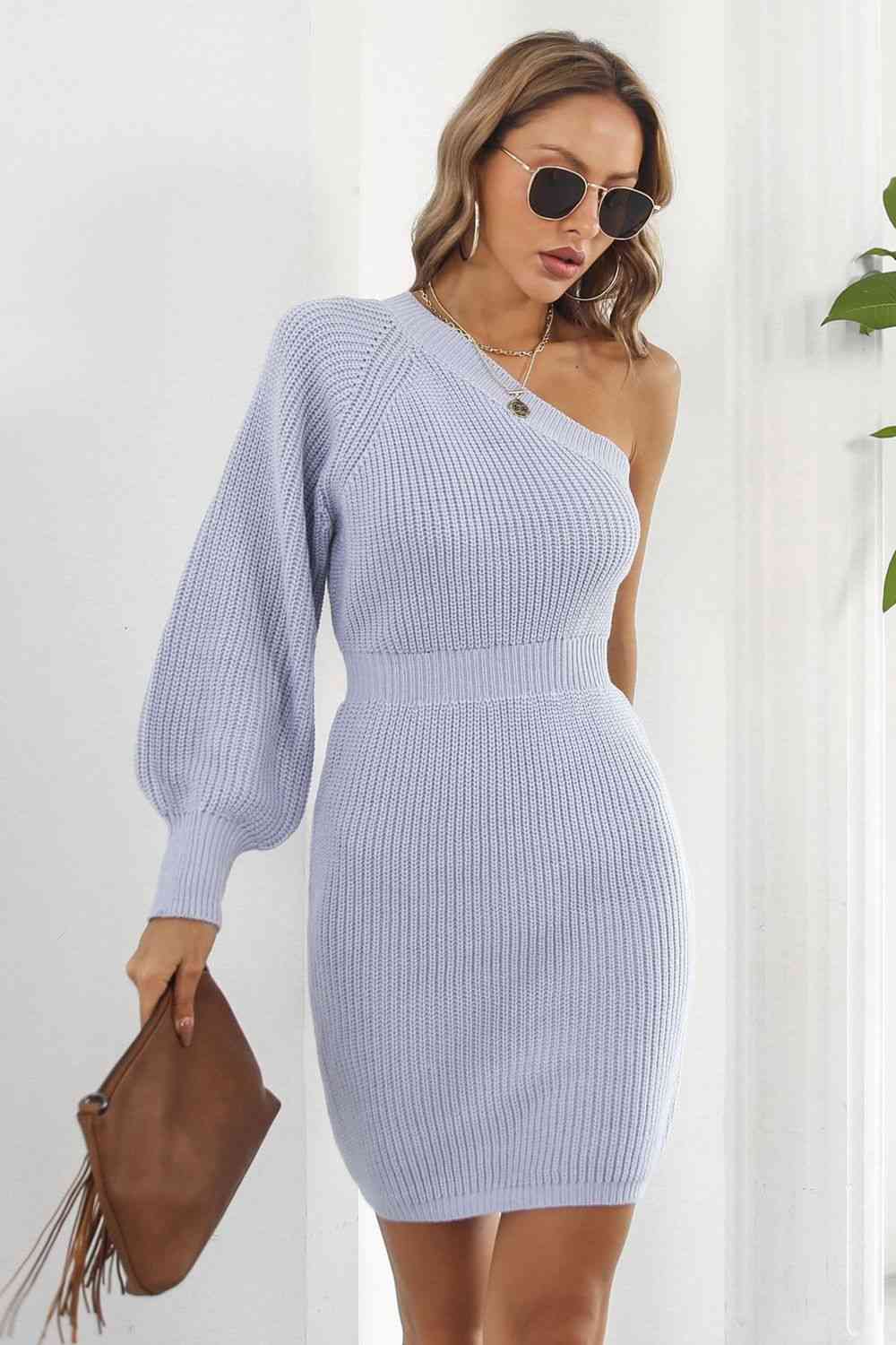 One Shoulder Raglan Sleeve Pencil Sweater Dress - Ladyez