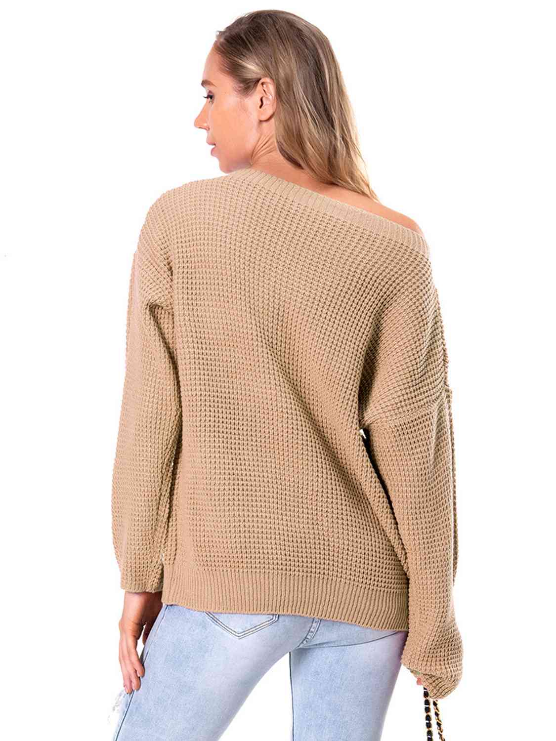 Boat Neck Drop Shoulder Long Sleeve Sweater - Ladyez