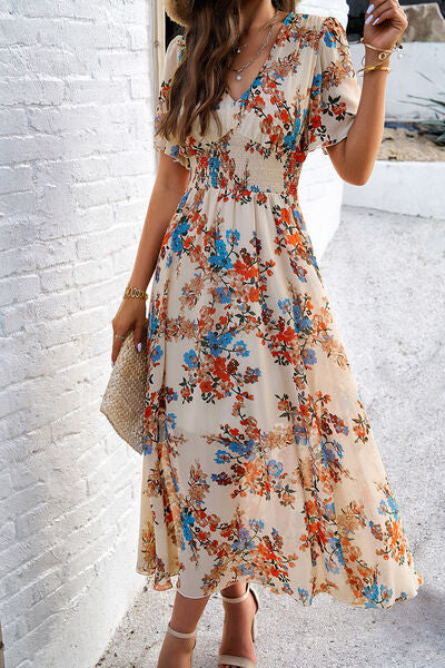 Smocked Floral V-Neck Short Sleeve Dress - Ladyez