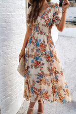 Smocked Floral V-Neck Short Sleeve Dress - Ladyez