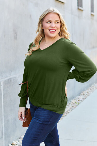 Basic Bae Full Size V-Neck Lantern Sleeve Blouse - Ladyez