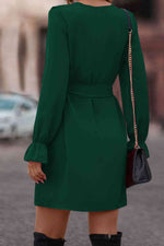 Ruffled Flounce Sleeve V-Neck Belted Dress - Ladyez