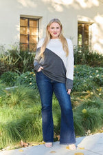 Celeste Design Full Size Contrast Long Sleeve Top - Ladyez