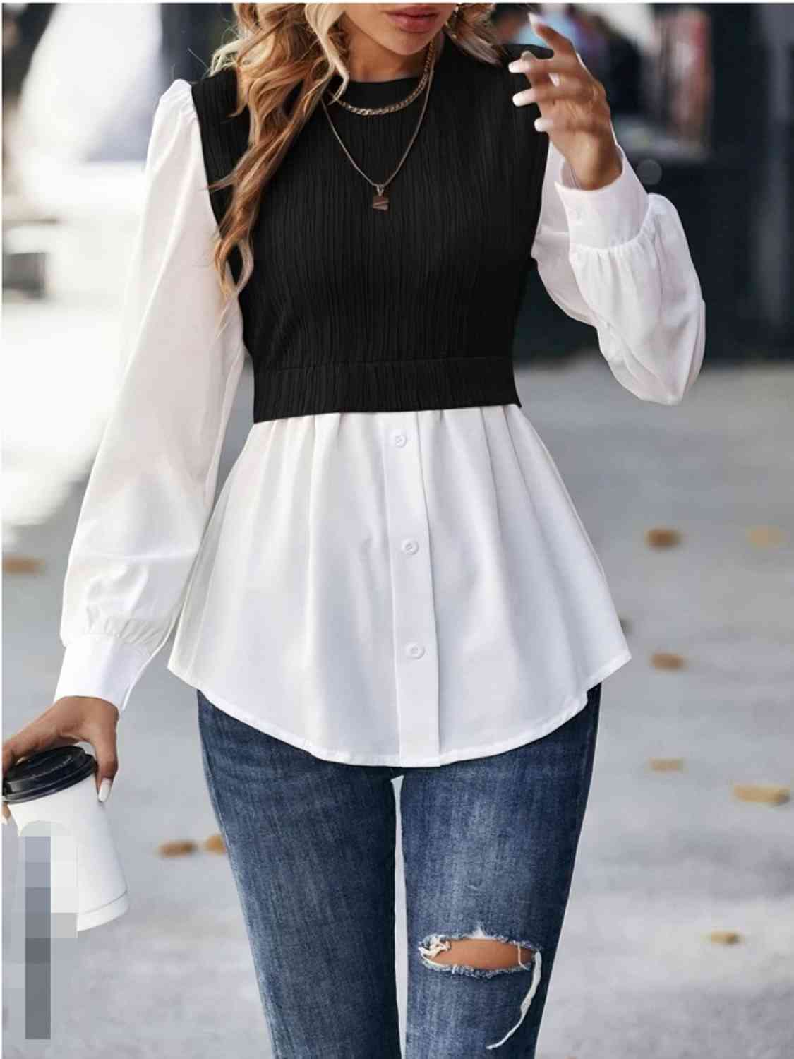 Contrast Round Neck Puff Sleeve Blouse - Ladyez